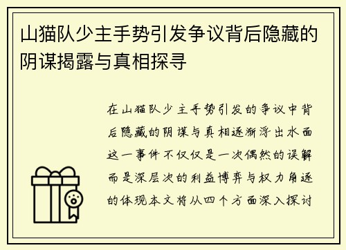 山猫队少主手势引发争议背后隐藏的阴谋揭露与真相探寻