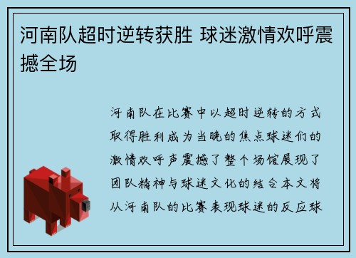 河南队超时逆转获胜 球迷激情欢呼震撼全场