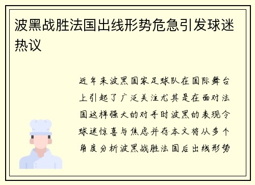 波黑战胜法国出线形势危急引发球迷热议
