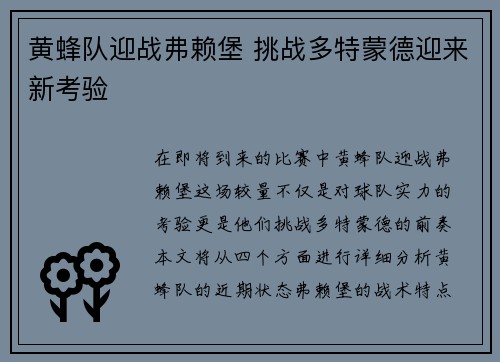 黄蜂队迎战弗赖堡 挑战多特蒙德迎来新考验
