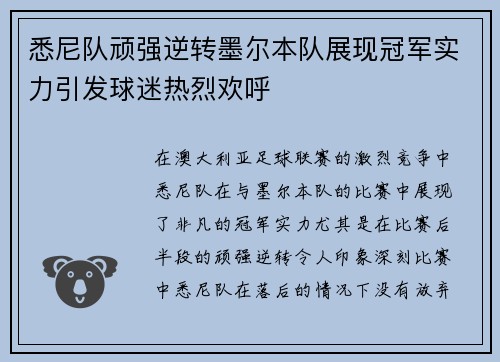悉尼队顽强逆转墨尔本队展现冠军实力引发球迷热烈欢呼