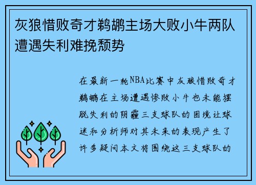 灰狼惜败奇才鹈鹕主场大败小牛两队遭遇失利难挽颓势