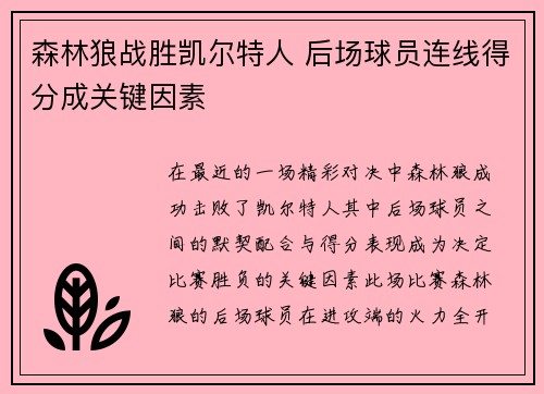 森林狼战胜凯尔特人 后场球员连线得分成关键因素