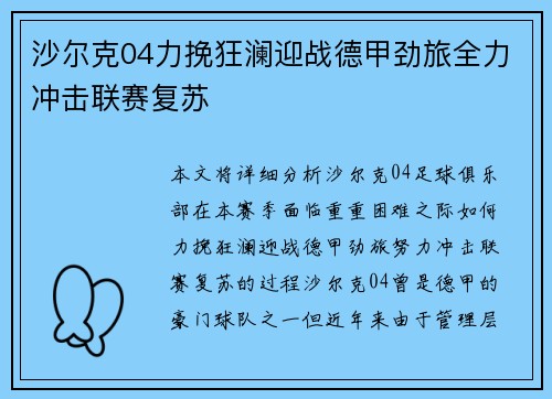 沙尔克04力挽狂澜迎战德甲劲旅全力冲击联赛复苏