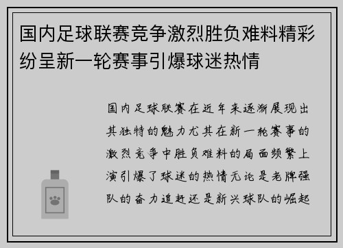 国内足球联赛竞争激烈胜负难料精彩纷呈新一轮赛事引爆球迷热情