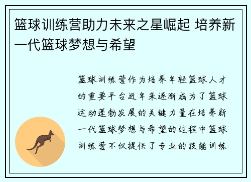 篮球训练营助力未来之星崛起 培养新一代篮球梦想与希望