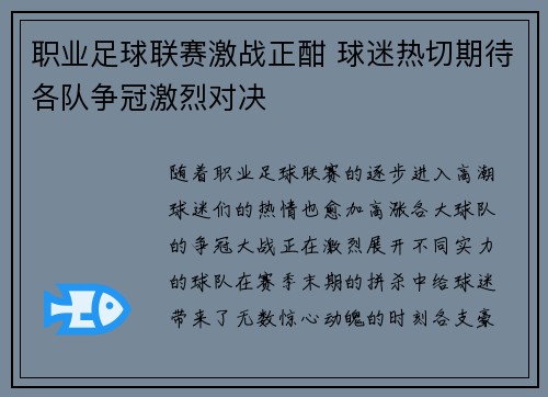 职业足球联赛激战正酣 球迷热切期待各队争冠激烈对决