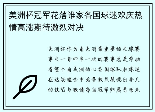 美洲杯冠军花落谁家各国球迷欢庆热情高涨期待激烈对决