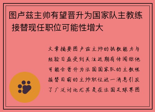 图卢兹主帅有望晋升为国家队主教练 接替现任职位可能性增大